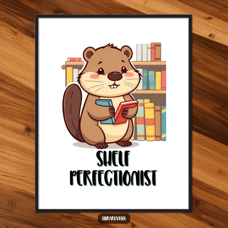 Determined beaver meticulously arranging books on a shelf, creating motivational wall art for lovers of organization.