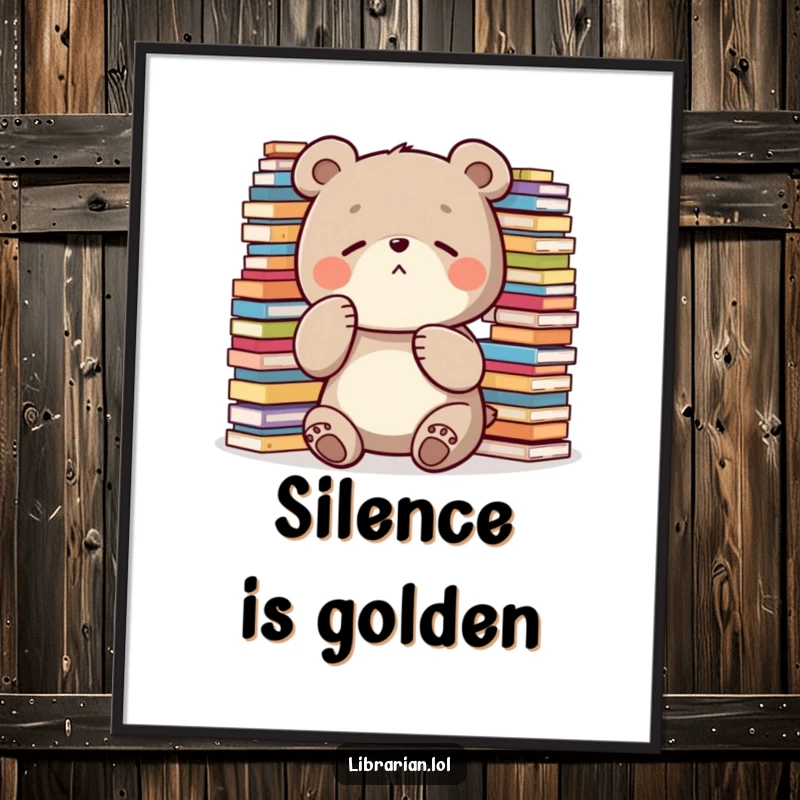 Funny Poster: A diligent bear holds a paw to its mouth, shushing passersby amidst a chaotic scene of overflowing stacks.