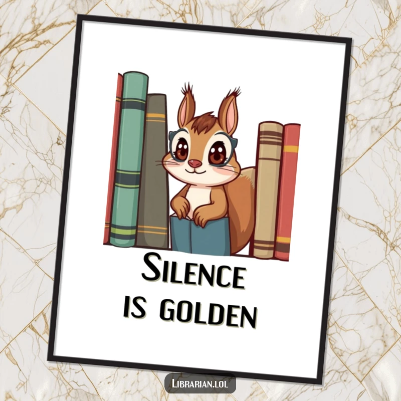 Funny squirrel librarian poster, curious squirrel peeking around bookshelf, charming wall art for readers.