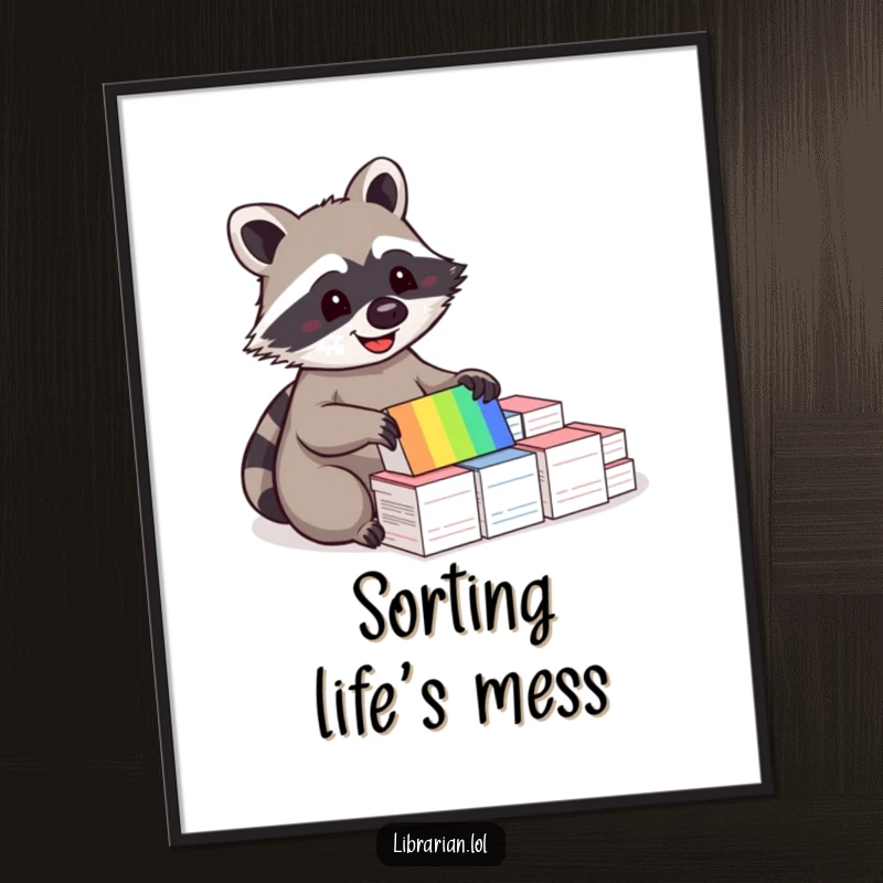 Funny poster print of a happy raccoon delightedly sorting a rainbow assortment of index cards, perfect for an organized workspace.