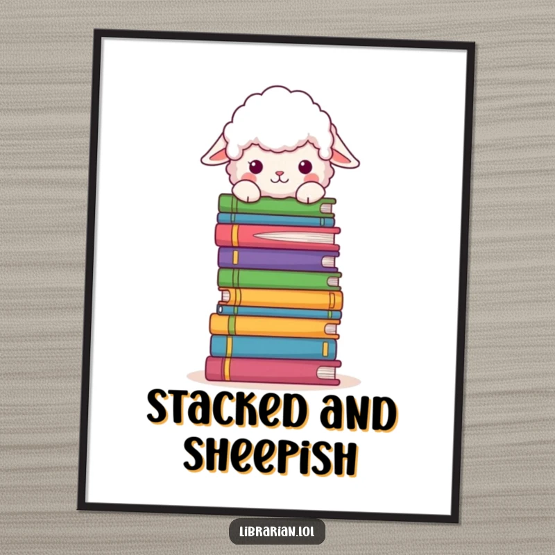Funny Poster: A fluffy sheep with curious eyes peeks over a gigantic, colorful pile of books.