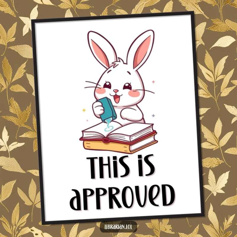 Funny cheerful rabbit enthusiastically stamping books with a rubber stamp, as energetic wall art.