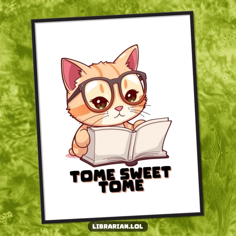 Funny poster print of a cute cat with tiny reading glasses, gazing intently at an open book, conveying scholarly charm.