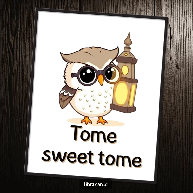 Funny Poster: A wise owl wearing spectacles peers intently at a glowing, ancient, mysterious book.