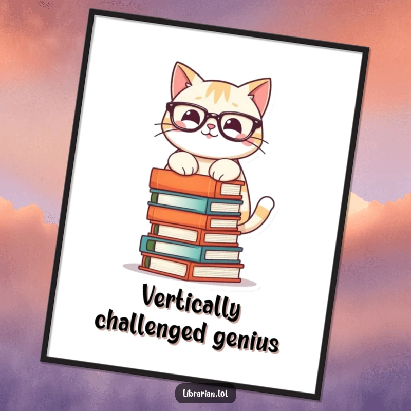 Funny poster featuring a smiling cat with glasses, carefully stacking a wobbly tower of books, adding whimsical decor.
