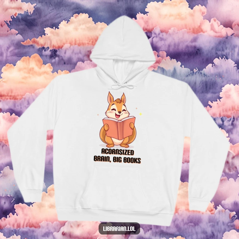 Funny hoodie depicting a smiling squirrel enthusiastically sharing a large, sparkling book, perfect for cozy reading sessions.
