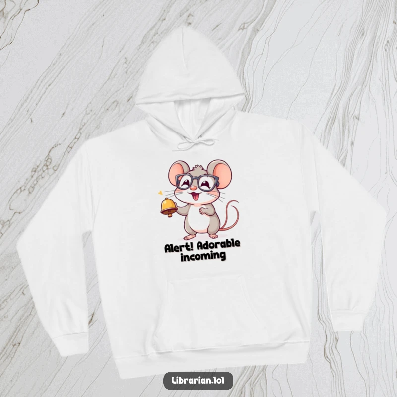 Funny hoodie featuring a cheerful mouse with spectacles ringing a tiny bell with great excitement, perfect for cozy days.