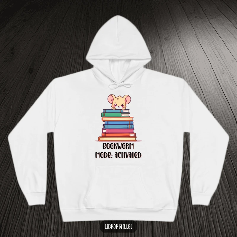 Funny mouse peeking over a large stack of books, expressing playful curiosity, on a cozy, warm hoodie.