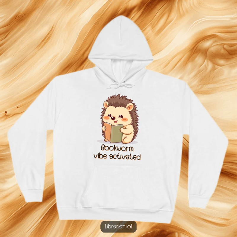 Funny Hedgehog hoodie, happily bookmarking a page, cozy reading apparel, cute animal illustration, fantastic funny gift.
