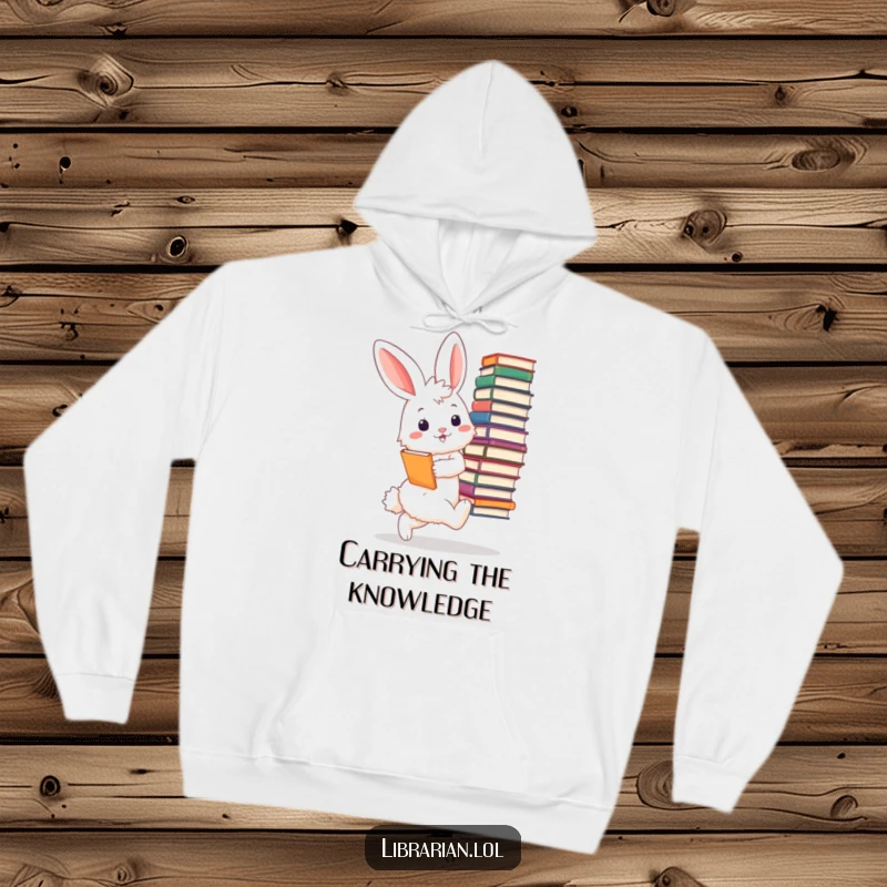 Funny bunny librarian hoodie, warm and soft, a fluffy bunny tiptoeing with a stack of enormous books, looking delighted and content.