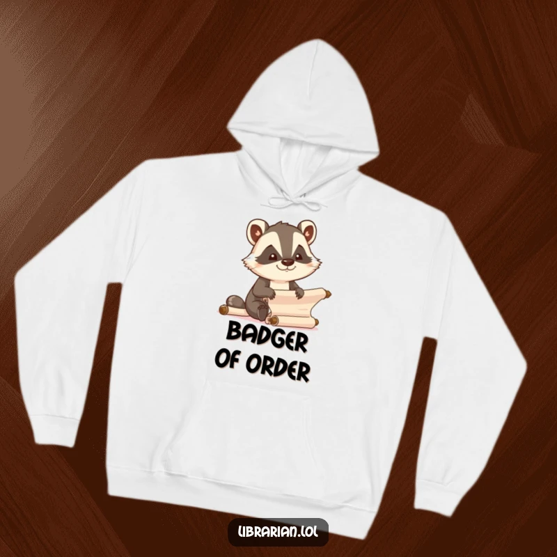 Funny determined cartoon badger organizing scrolls with focused joy, on a cozy hoodie.