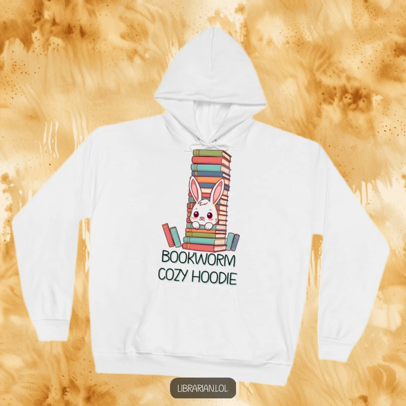 Funny bunny hoodie hiding behind encyclopedias, perfect for cozy, bookish, and humorous gifting.