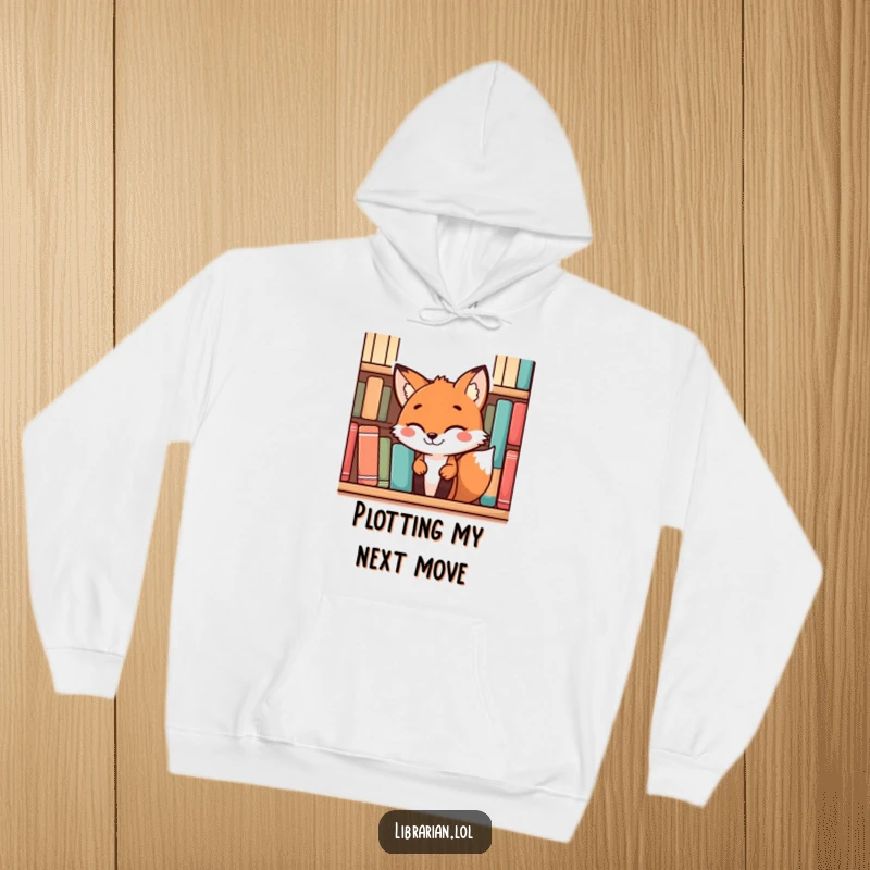 Funny playful fox with a mischievous grin peeking from behind a bookshelf, featured on a warm, comfortable hoodie.