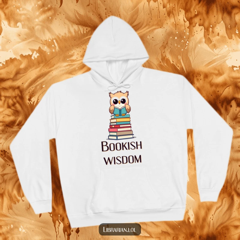 Funny hoodie: An owl librarian perched on books, looking pleased, a great funny gift for comfort.