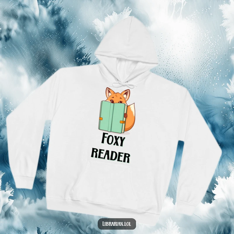 Funny hoodie: A playful fox librarian with mischievous eyes hiding behind a book, a funny gift.