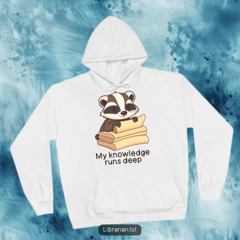Funny badger hoodie, intently whispering secrets into a stack of ancient scrolls, offering cozy mystery and warmth.