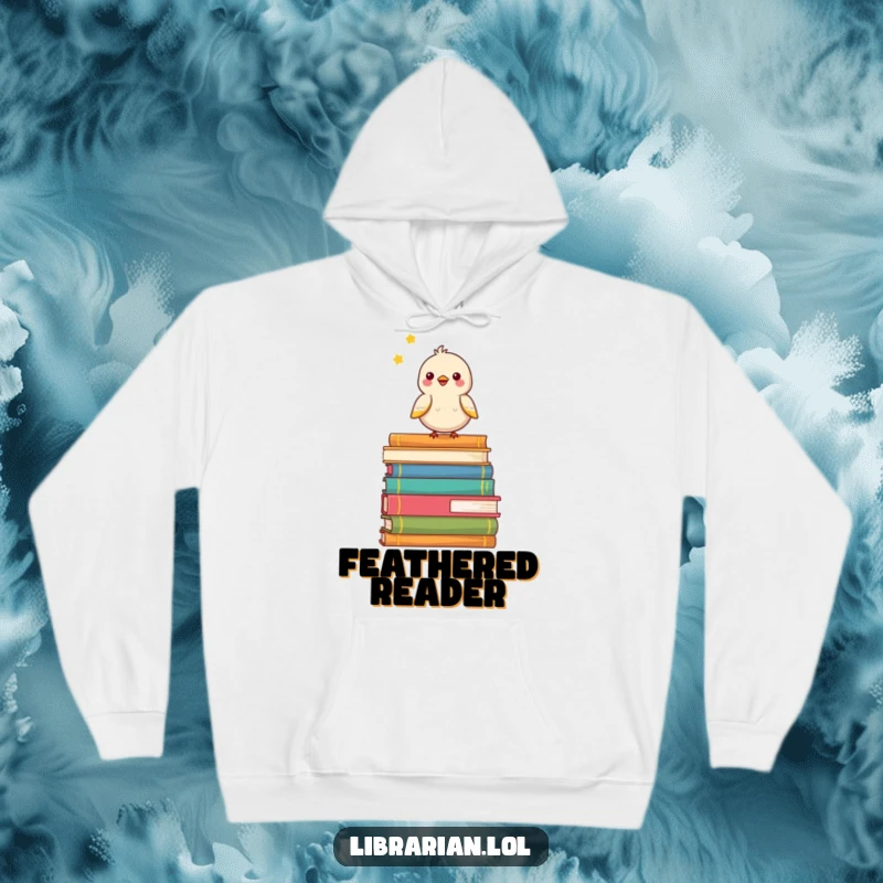 Funny hoodie featuring a happy bird perched on a stack of books, offering warmth and cheerful literary vibes.