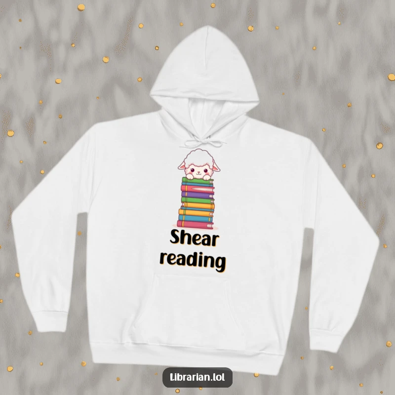 Funny Hoodie: A cute, fluffy sheep’s head emerges playfully from behind a massive collection of books.