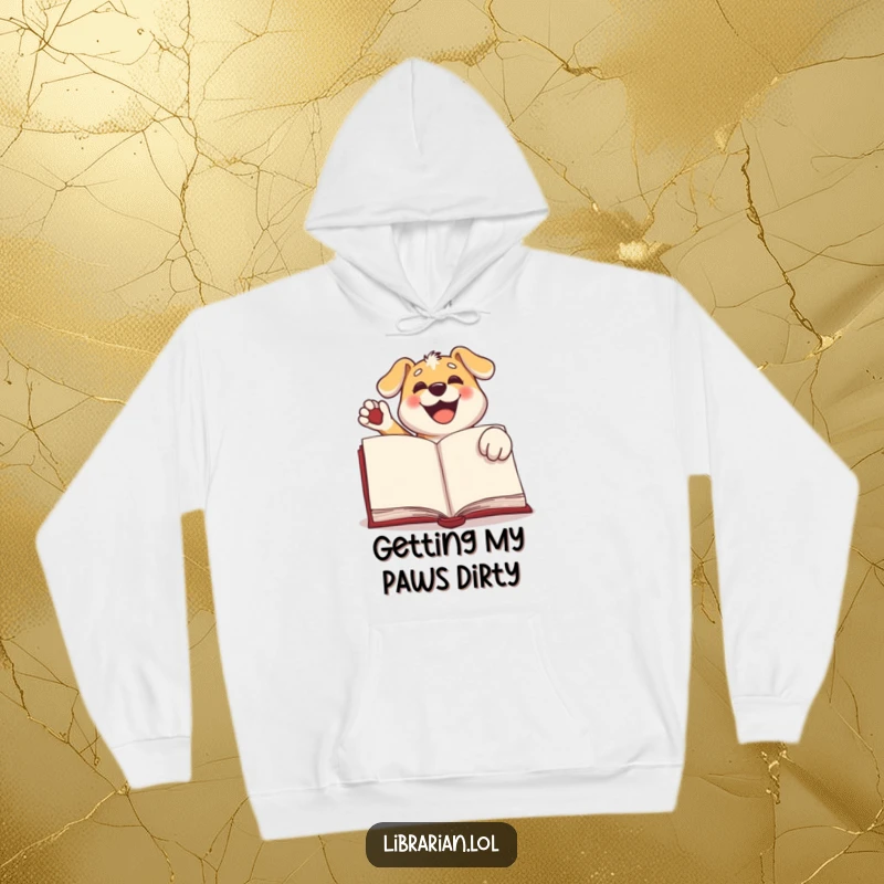 Funny dog hoodie, a happy dog enthusiastically stamping a large book with its paw, symbolizing a passion for reading and pets.