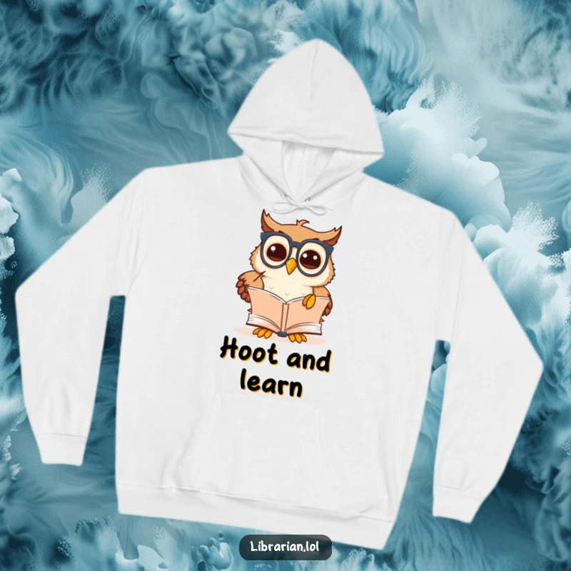Funny owl scholar hoodie featuring a cute cartoon owl wearing spectacles and pointing at a book, perfect for cozy study.