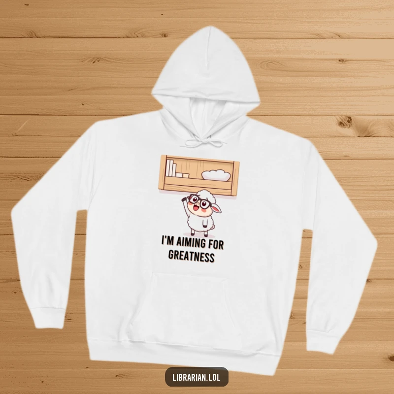 Funny Hoodie with a happy cartoon sheep wearing glasses, looking up at a high shelf and excitedly reaching, perfect for cozy contemplation.