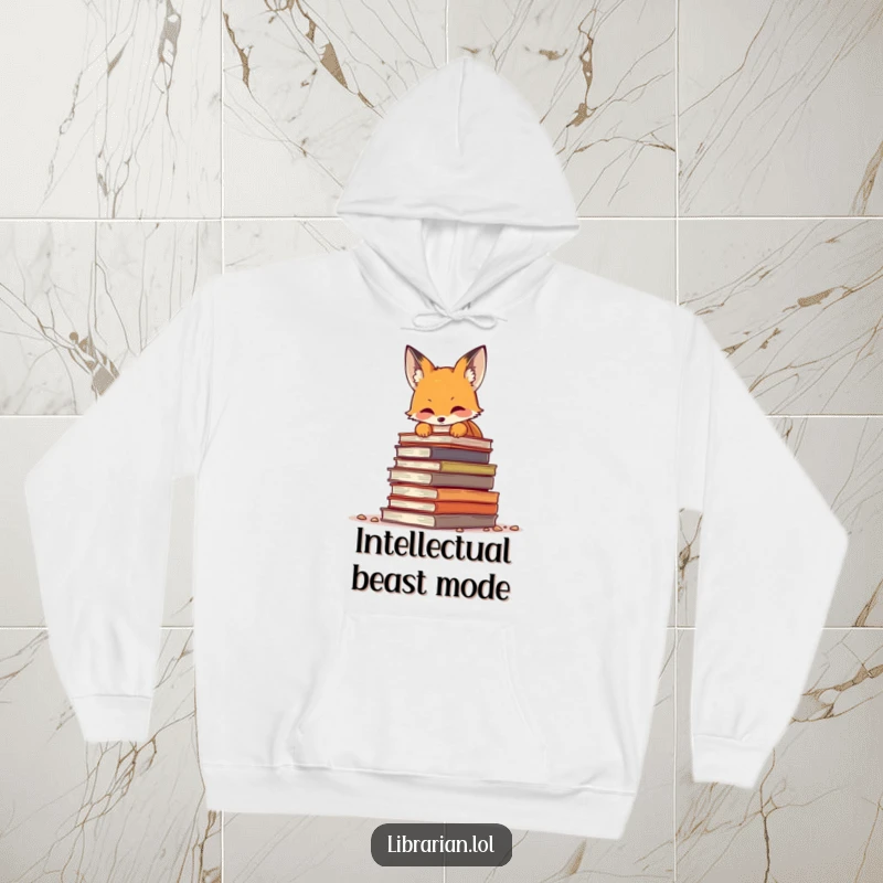 Funny fox peeking curiously over a large pile of dusty, antique books, showcasing a love for literature and cozy reading.