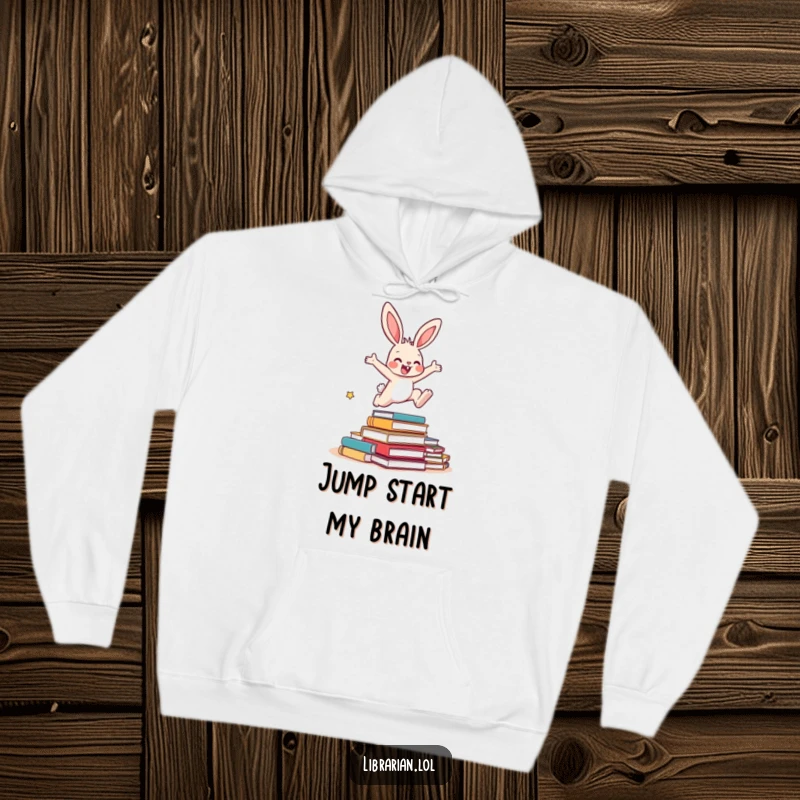 Funny Bunny Hoodie: A depiction of an energetic bunny leaping over a stack of overdue books, symbolizing freedom and a passion for reading.