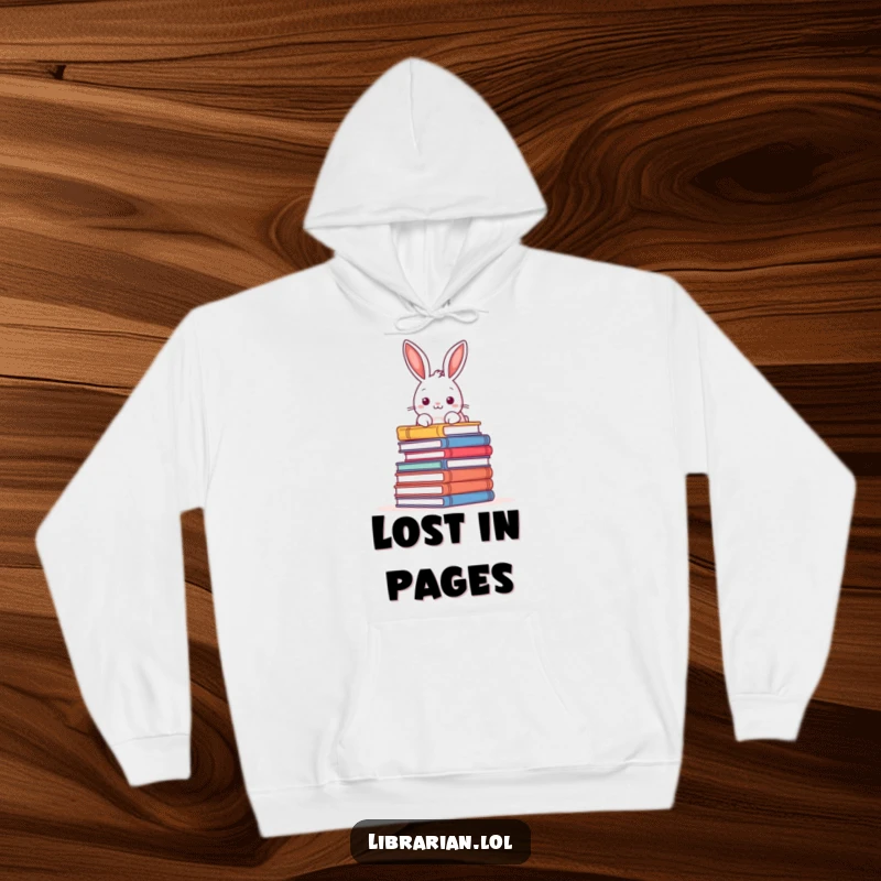 Funny hoodie featuring a playful rabbit peeking over a towering pile of books, perfect for cozy reading sessions.