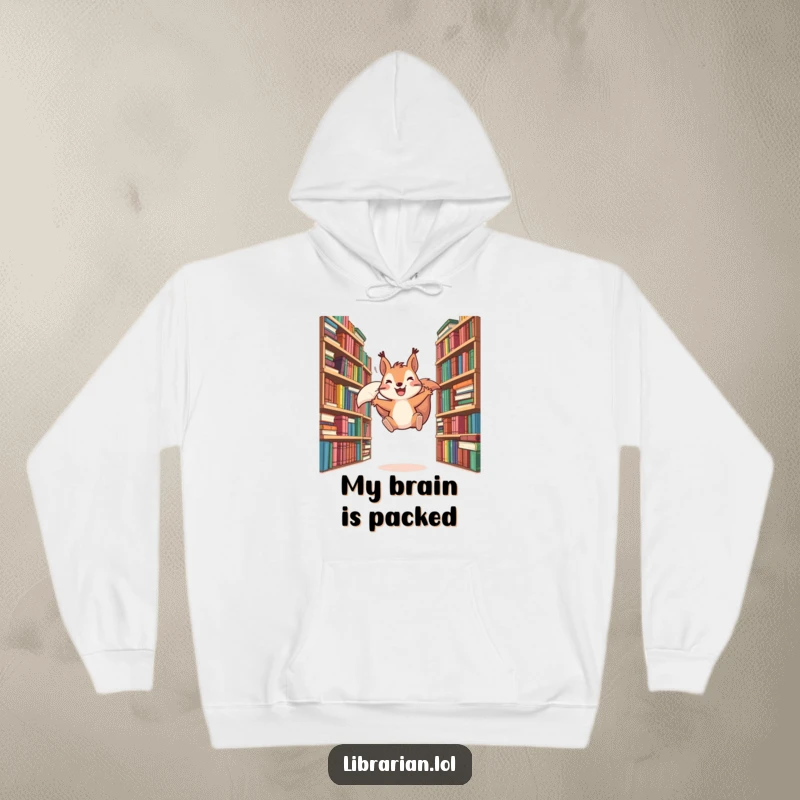 Funny hoodie showcasing a gleeful squirrel mid-leap between abundant bookshelves, embodying a spirited love for reading and adventure.