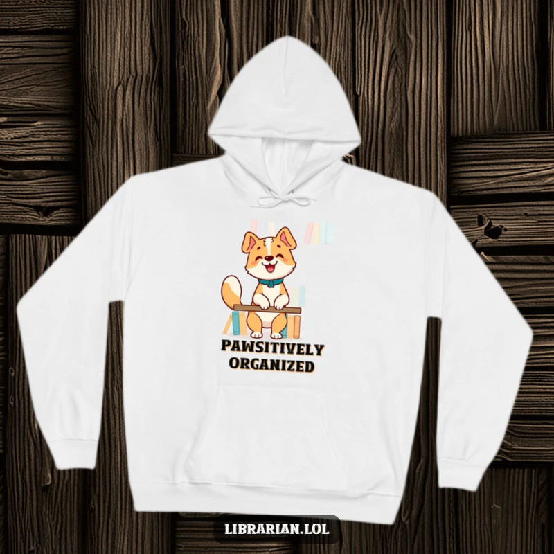 Funny Hoodie: Happy dog librarian arranging books on a high shelf, tail wagging, soft and comfortable.
