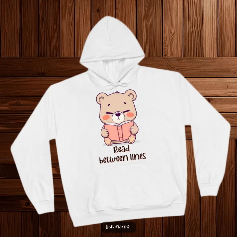 Funny determined bear offering a book with a knowing wink, a cozy and humorous hoodie for book lovers and literature enthusiasts.