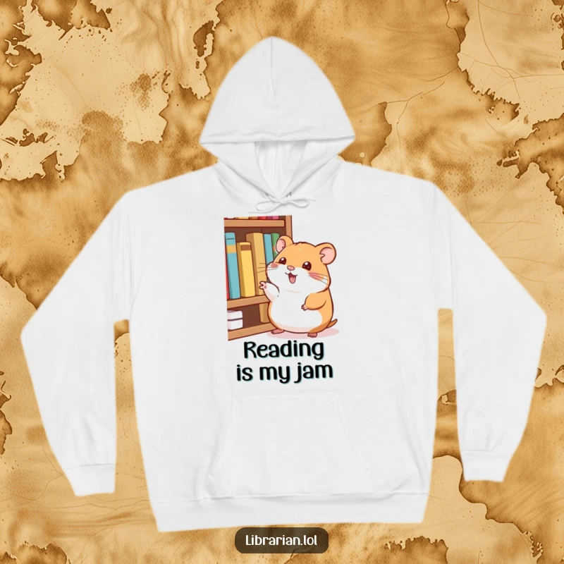 Funny Hoodie: A happy hamster taps its foot, pointing enthusiastically at a shelf filled with books.