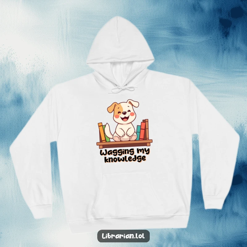 Funny hoodie featuring a happy dog shelving books with a wagging tail and a smile, radiating helpfulness and bookish joy, an ideal funny gift.