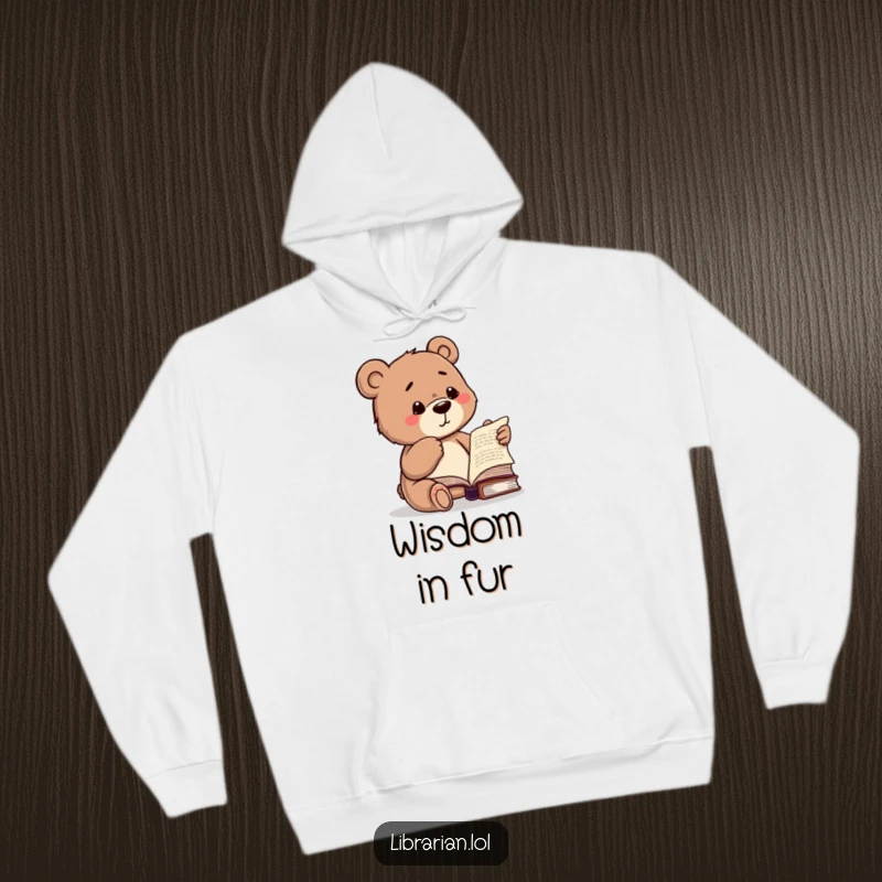 Funny hoodie showcasing a studious bear winking and pointing at a book, a comfortable and humorous piece for readers.