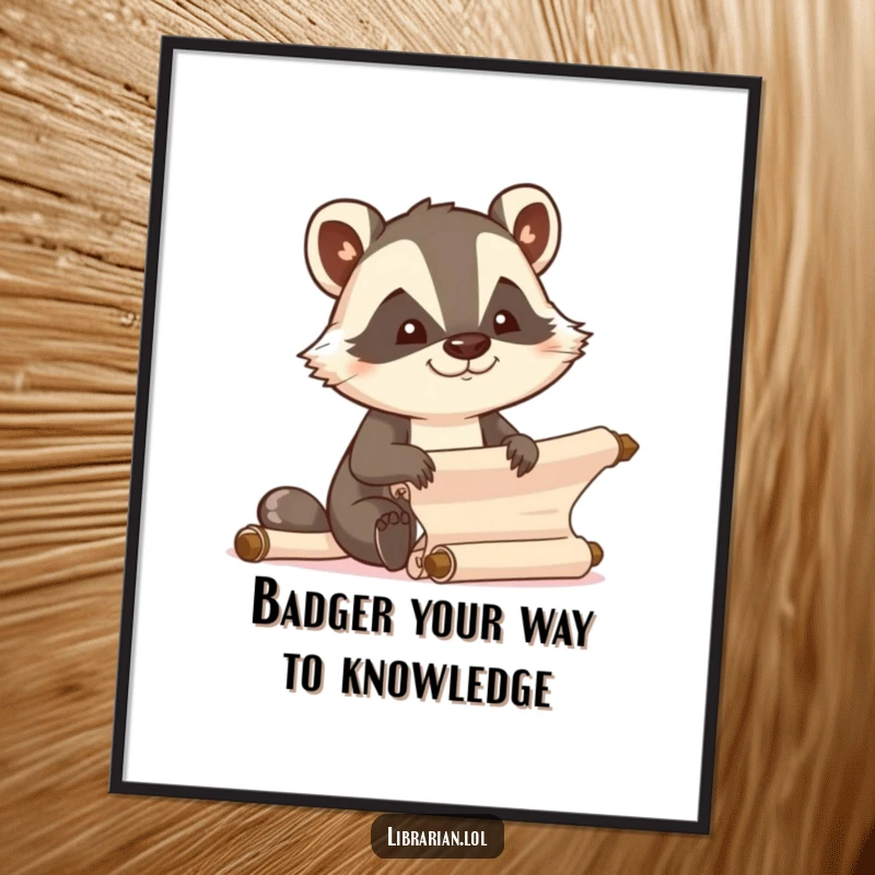 Funny Free Printable Wall Art: Determined badger organizing scrolls with focused joy and efficiency, charming decor.