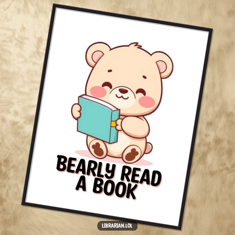 Funny Free Printable Wall Art of a smiling bear cub offering a book, with an extended paw, exuding warmth and charm.