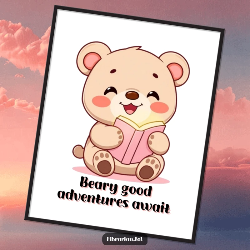 Funny Free Printable Wall Art, happy bear cub character clutching a glowing bookmark, wide smile, whimsical downloadable art.