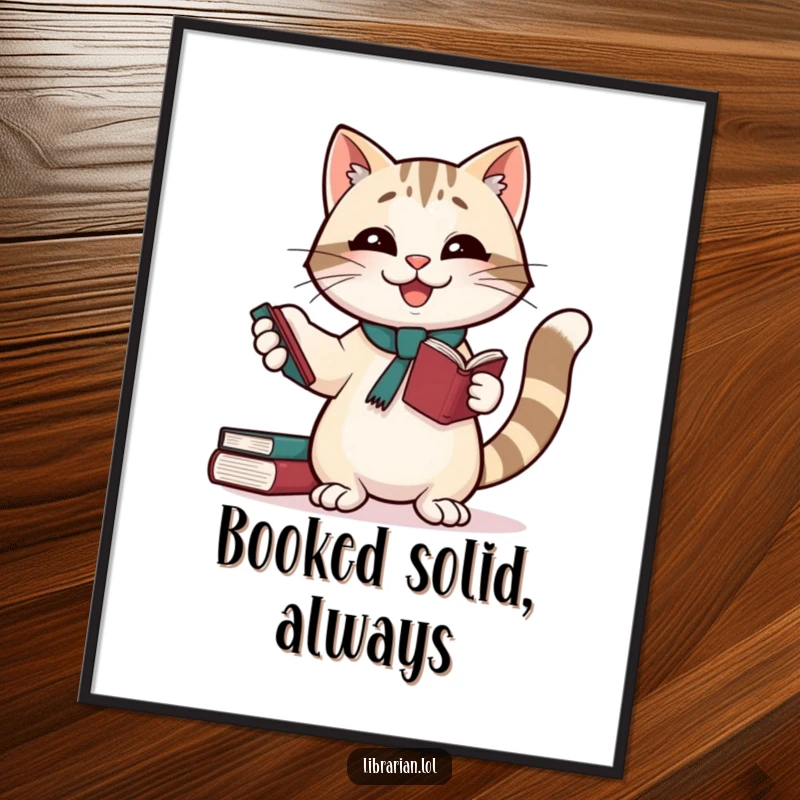 Funny Free Printable Cat Librarian Wall Art: A giggling cat librarian energetically juggles books, tail high, exuding pure joy.