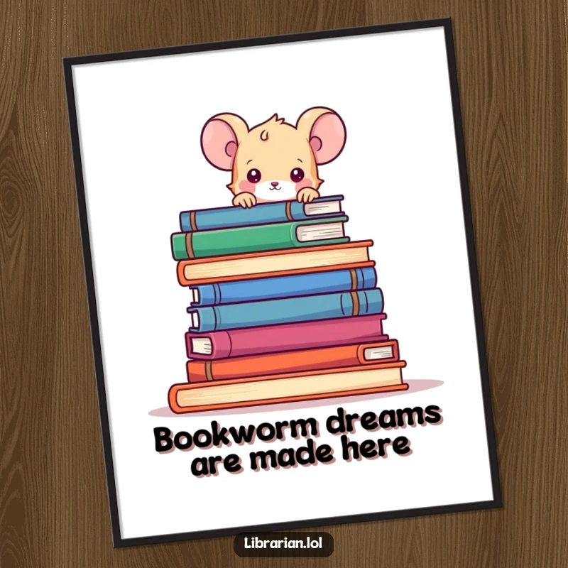 Funny Free Printable Wall Art: Tiny curious mouse peeking over a huge stack of books, charming decor.