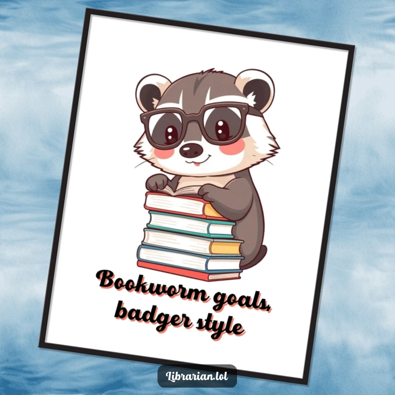 Funny free printable wall art of a happy badger wearing reading glasses, gently patting a stack of books, embodying wisdom.