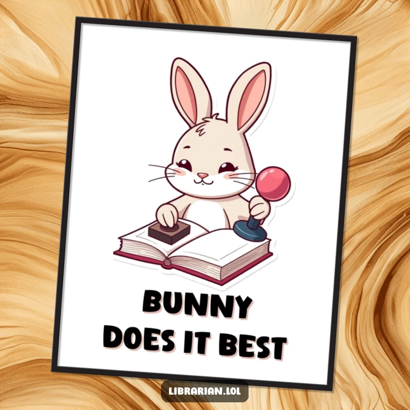 Funny Free Printable wall art of a determined bunny stamping a book with a stamp pad, looking satisfied, library decor.
