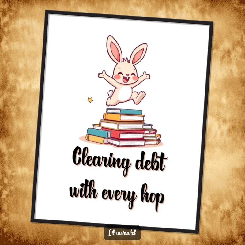 Funny Free Printable Wall Art: Energetic bunny character leaping over a small pile of overdue books.