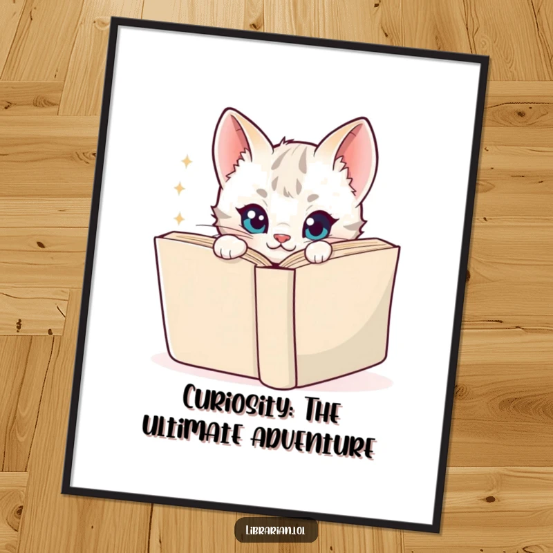 Funny Free Printable Wall Art: Playful kitten peeking around a large book with mischievous sparkly eyes.