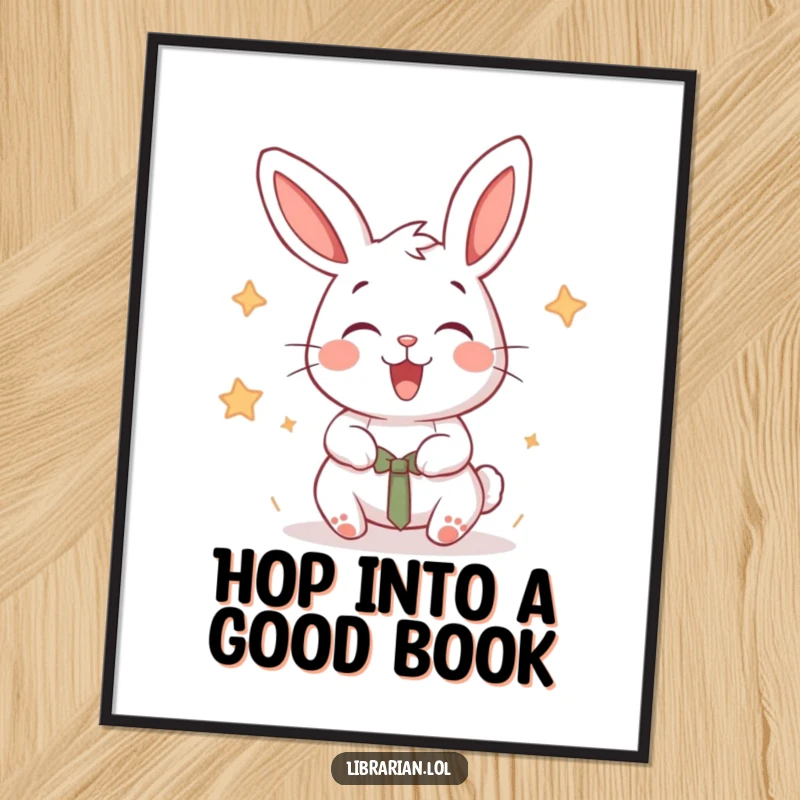 Funny Free Printable Wall Art: Delighted rabbit energetically stamping books with a happy flourish, whimsical.