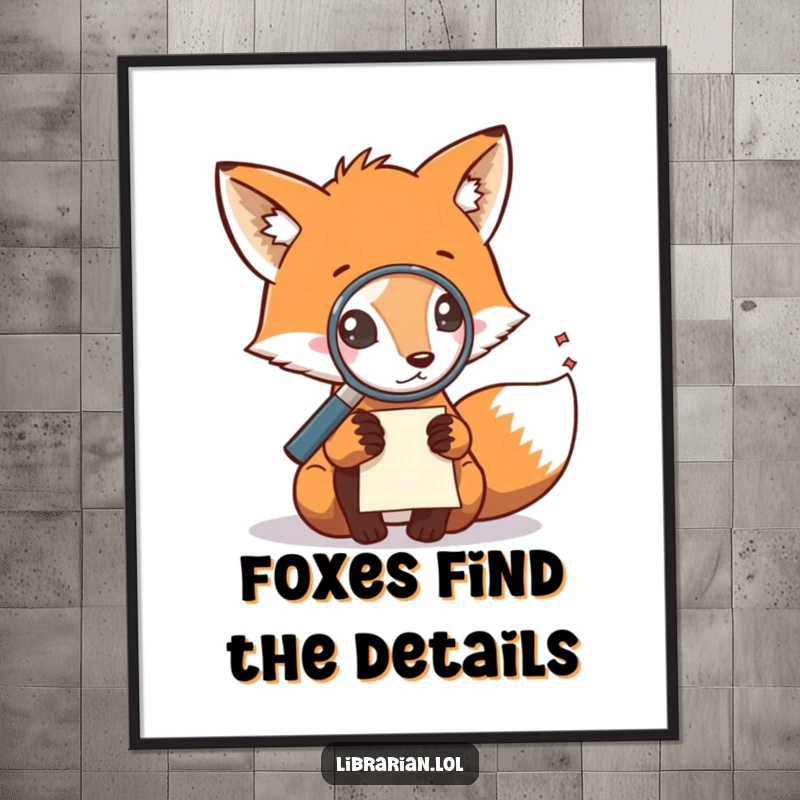 Funny Free Printable Wall Art, fox with magnifying glass examining a tiny scattered note, detective-themed downloadable art.