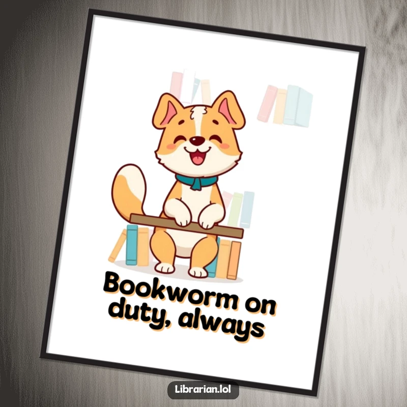 Funny free printable wall art of a happy dog librarian wagging its tail, organizing books on a high shelf.