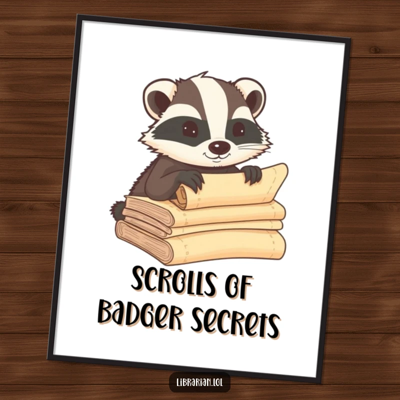 Funny Free Printable Wall Art: A determined badger whispering confidential secrets into a stack of ancient, weathered scrolls.