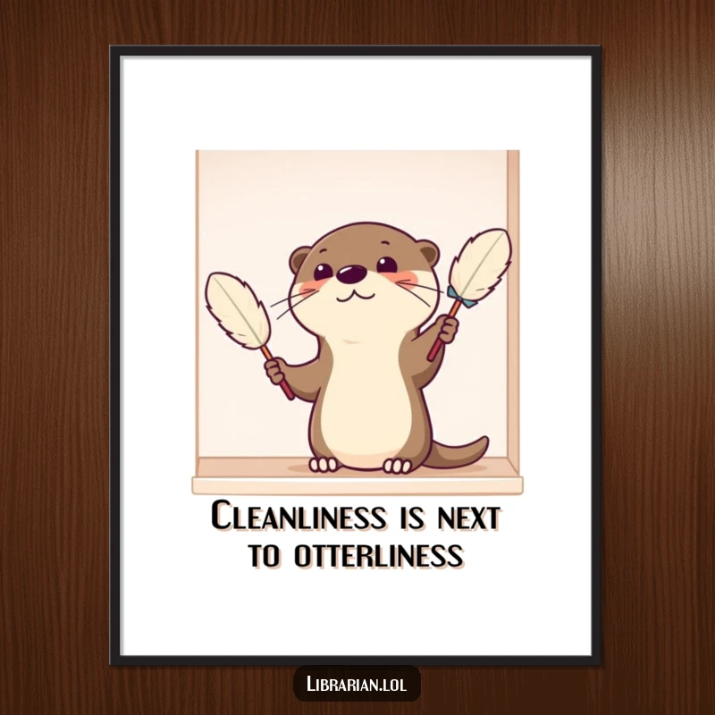 Funny Free Printable Wall Art: Satisfied cartoon otter meticulously dusting a shelf with a feather duster.