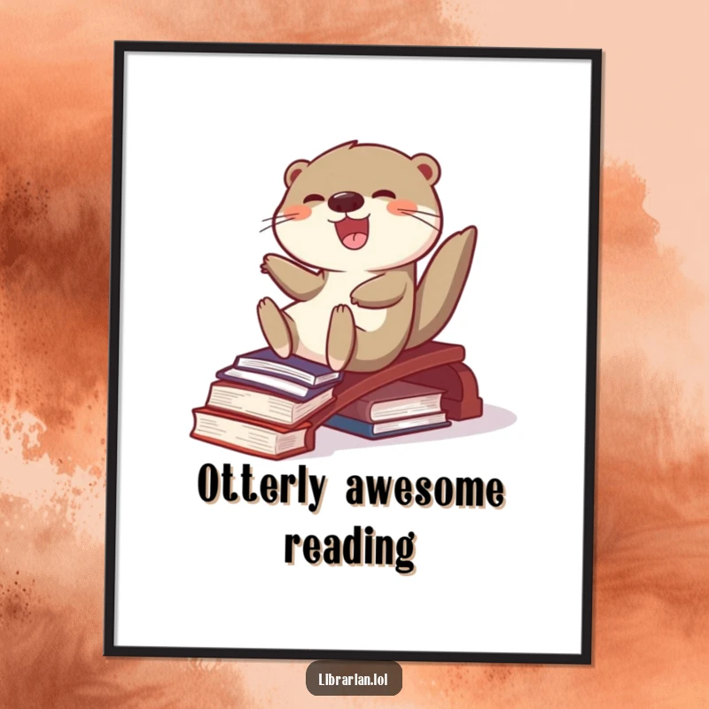 Funny Free Printable Otter Wall Art: A joyful otter slides down a ramp made of books, delightful downloadable decor.