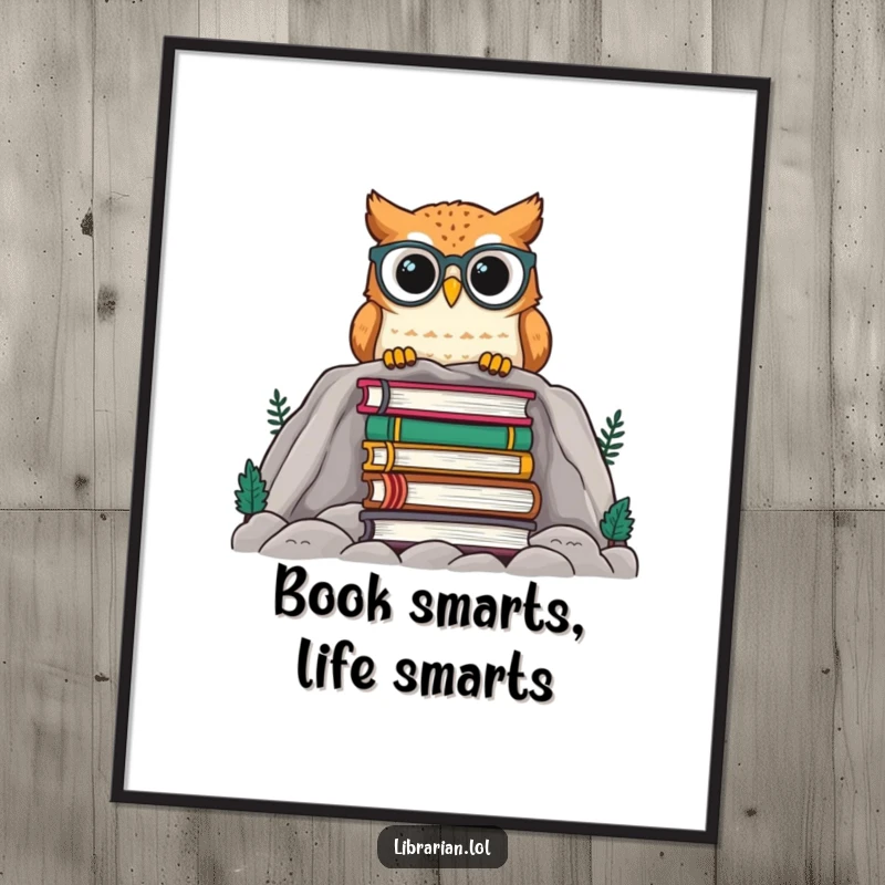 Funny Free Printable Wall Art depicting a cute owl with spectacles observing a vast collection of books.